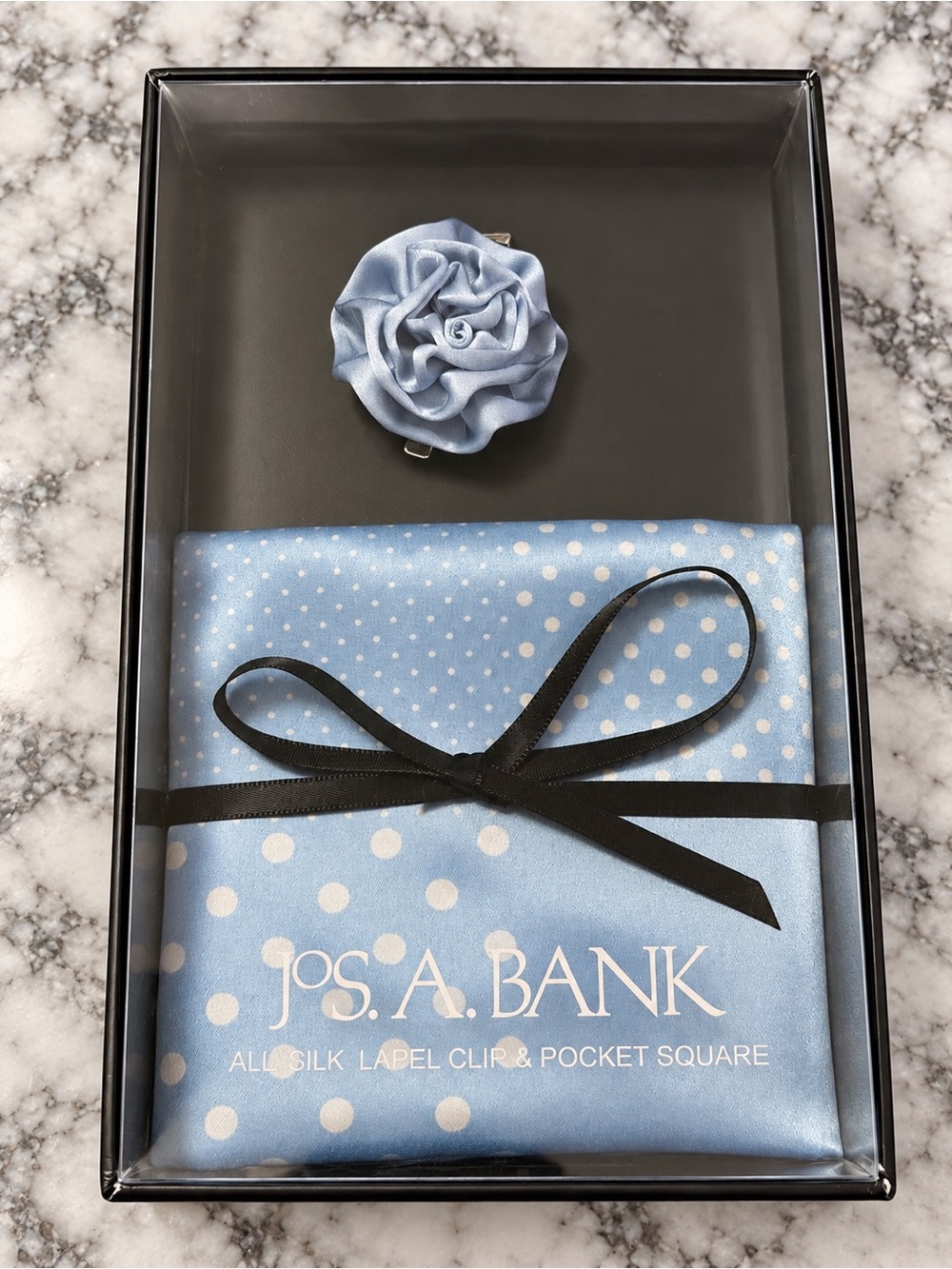 Men -Jos. A. Bank Light Blue Polka Dot Silk Pocket Square with Lapel Flower Clip